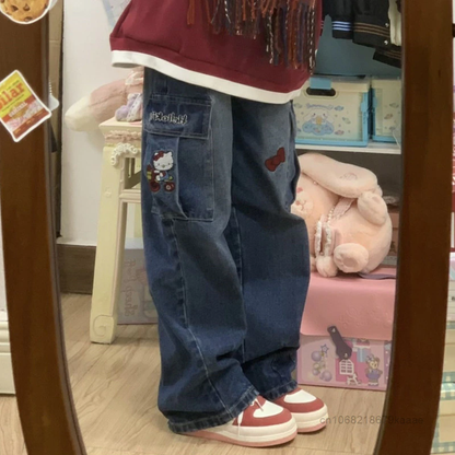 Hello Kitty Y2K Wide Leg Jeans Embroidered Workwear Wide Leg Pants