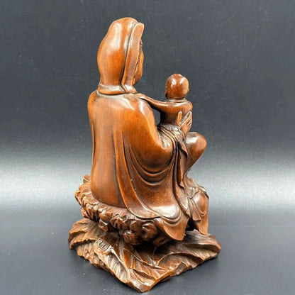Collection Chinese Boxwood Carving Kwan Yin Statue Wooden Sculptures Home Decor
