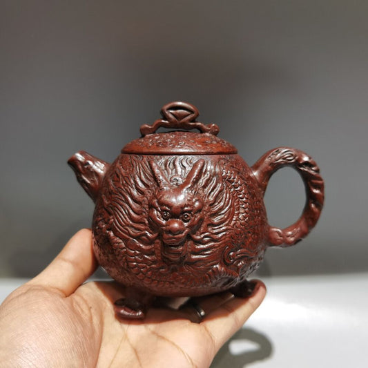 Vintage Chinese Yixing Purple Clay Teapot Zisha Ceramic Carving Dragon Teaware