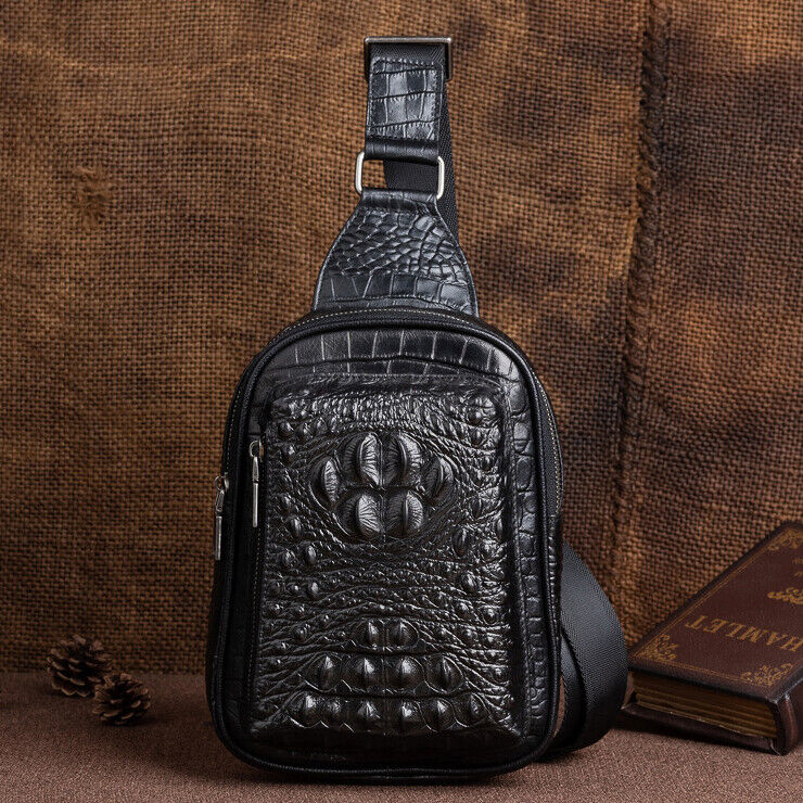 Men's Genuine Leather Crocodile Sling Backpack Crossbody Chest Bag Shoulder Bag