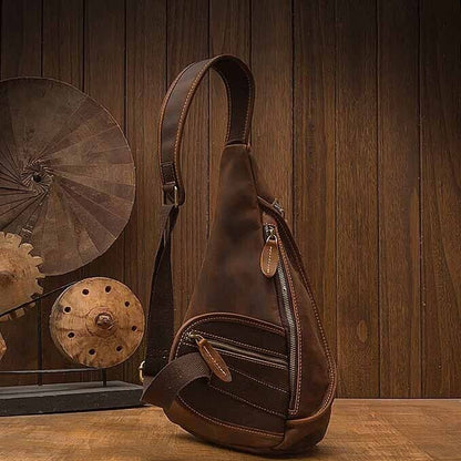 Crazy Horse Leather Men's Sling Backpack, Dark brown Top Leather Crossbody Bags