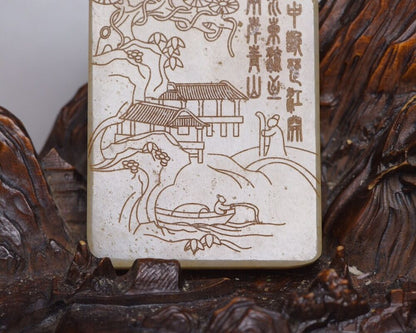 Chinese Natural Hetian Jade Carved Landscape Statues Exquisite Pendant Jewelry