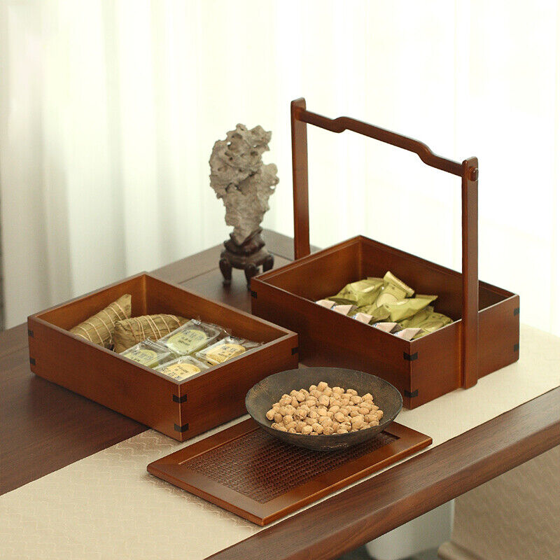 Portable Teacup Teapot Fruit Food Bamboo Storage Box Retro Basket Picnic Box