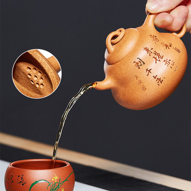 full handmade tea pot marked Chinese character carved pot yixing zisha duan clay