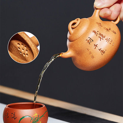 full handmade tea pot marked Chinese character carved pot yixing zisha duan clay
