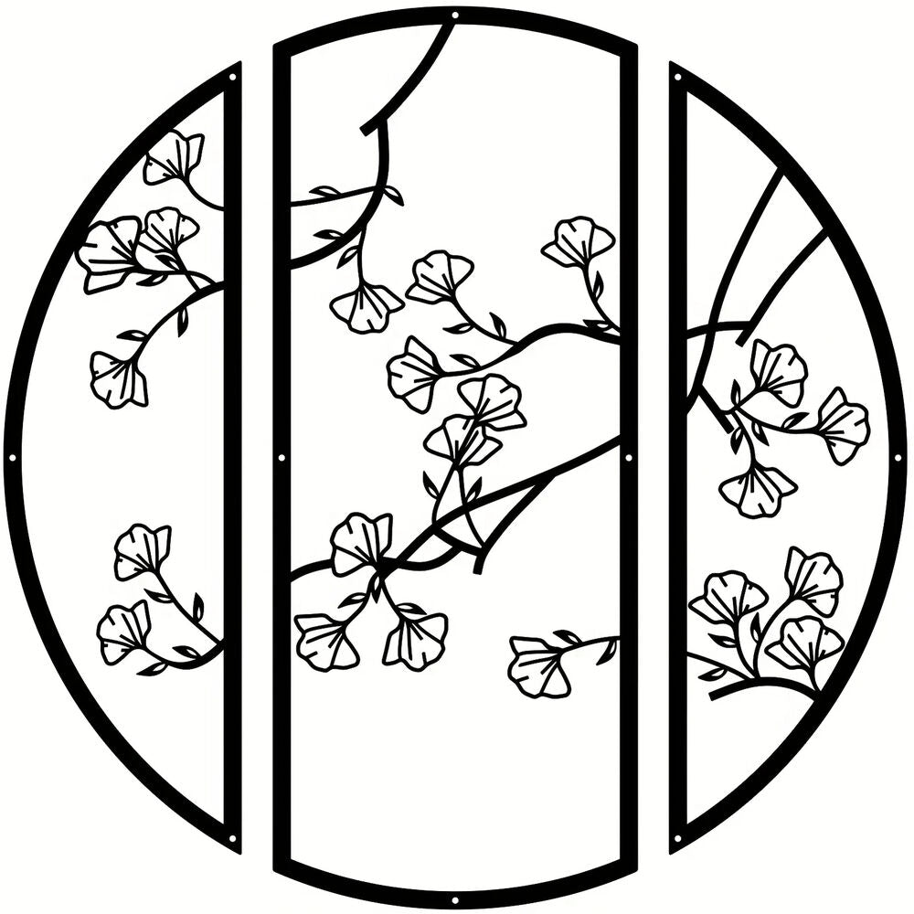 3pcs/set Ginkgo Metal Wall Art Decor, Black Simple Line Round Wall Art Sculpture
