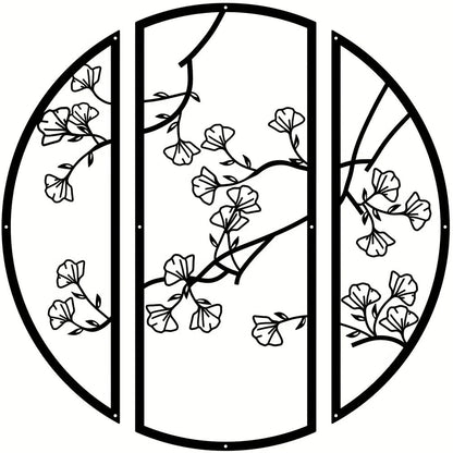 3pcs/set Ginkgo Metal Wall Art Decor, Black Simple Line Round Wall Art Sculpture
