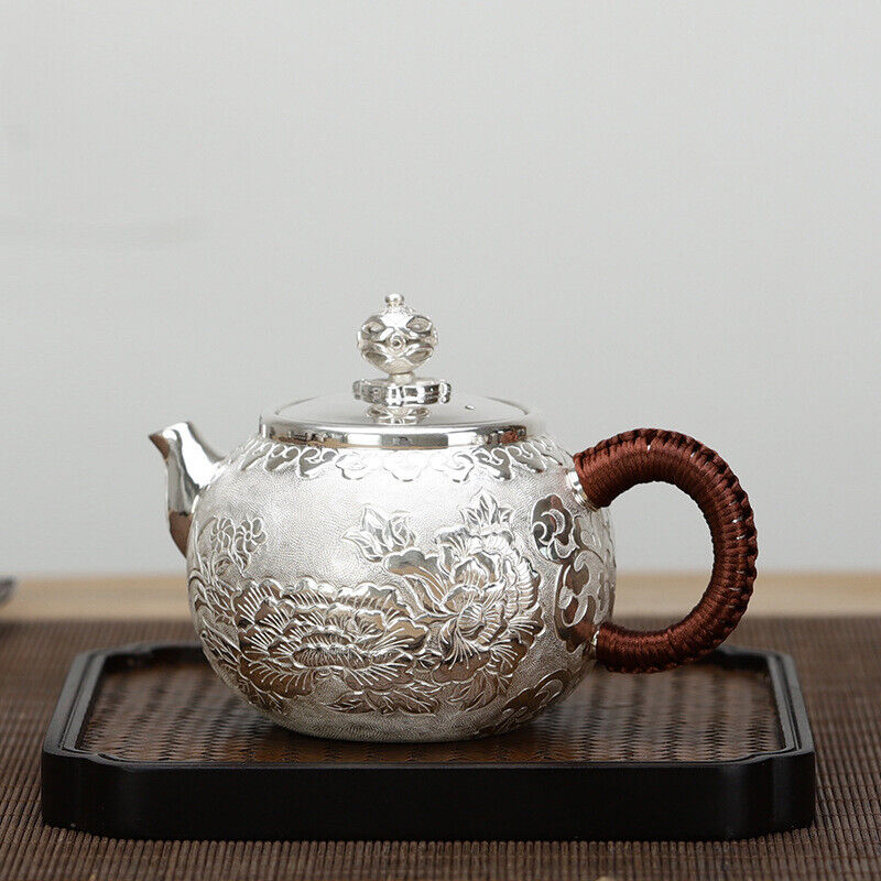 Sterling Silver Tea Set Stove Kettle Tea Pot Tea Cups Handmade Wealth Blooms Set