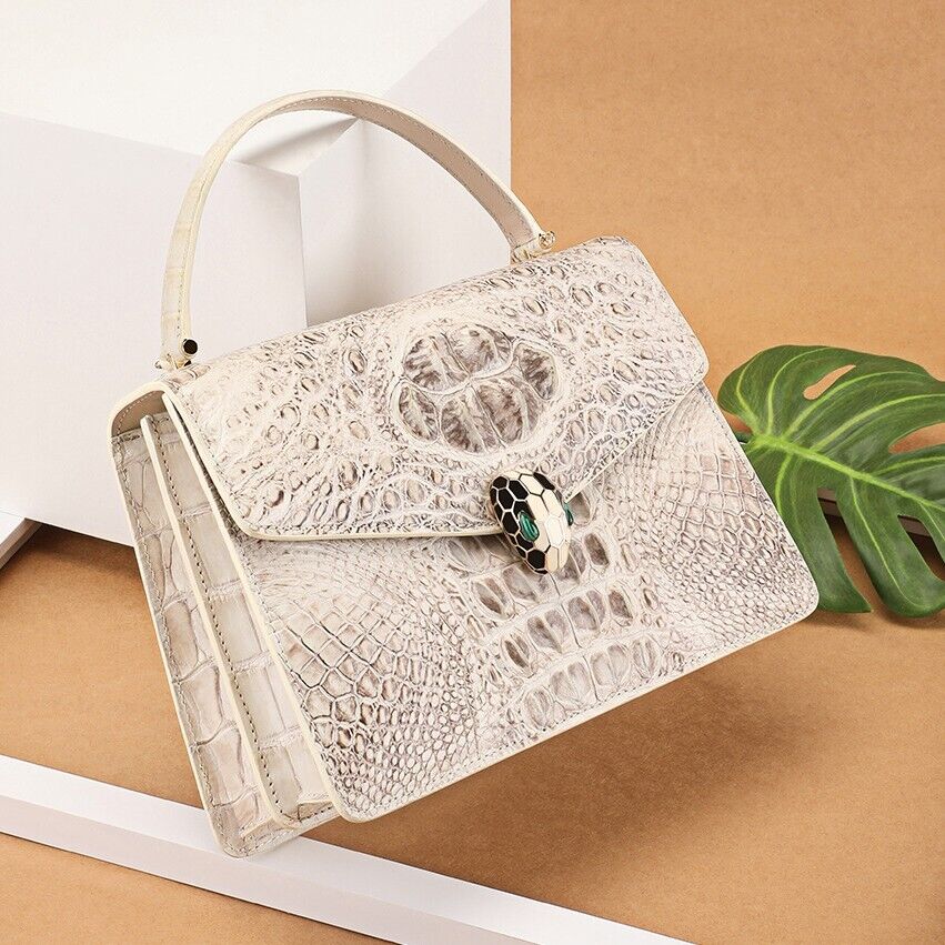 Women's Crocodile Skin Chain Bag Genuine Alligator Leather Shoulder Bag White