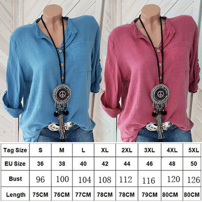 Womens Tunic Cotton Linen Pullover Blouse Tops Ladies Baggy Long Sleeve T-Shirt