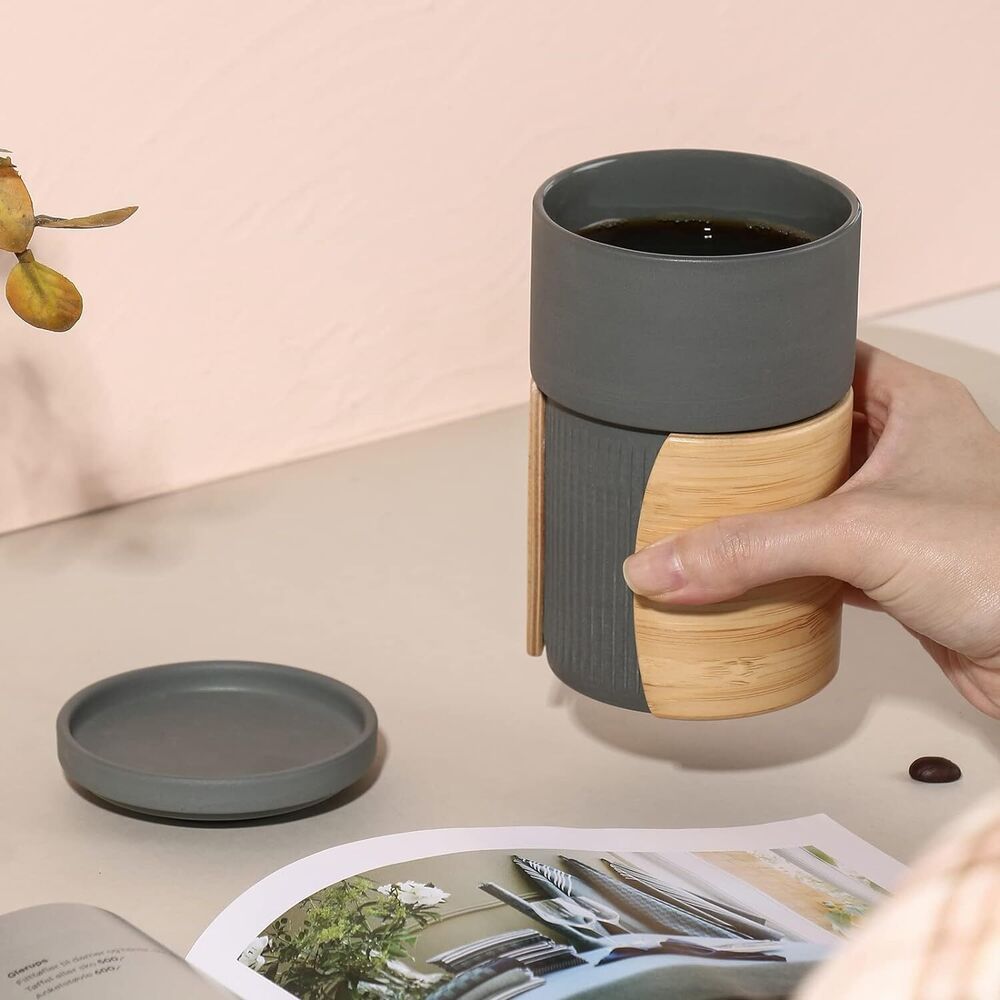 Ceramic Coffee Mug Cup with Lid and Insulated Bamboo Handle for Home and Office