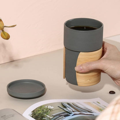 Ceramic Coffee Mug Cup with Lid and Insulated Bamboo Handle for Home and Office