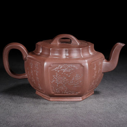 Vintage Chinese Yixing Purple Clay Teapot Zisha Ceramic Carved Landscape Tea Set