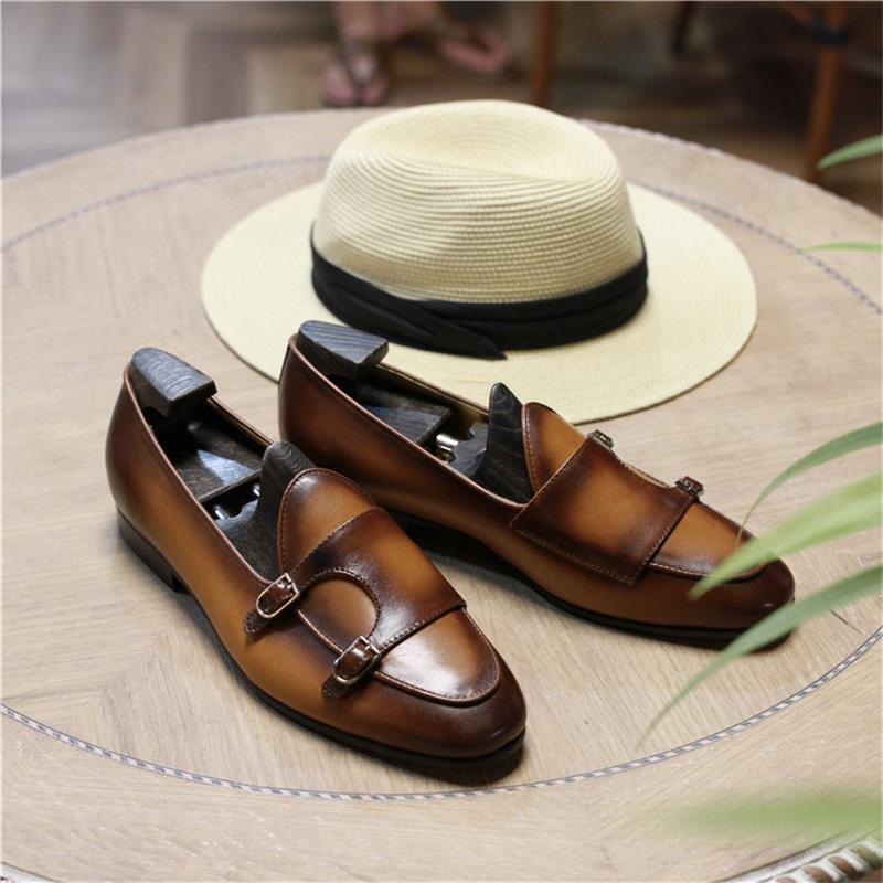 Men Loafers Leather Round Toe Low Heel Double Buckle Business Dress Shoes