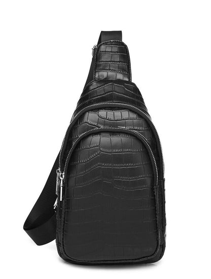 Black Real Leather Sling Backpack, Men's Crossbody Chest Bag Crocodile Printing