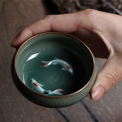 longquan porcelain tea cup crackle glaze brother kiln serving cup double fish