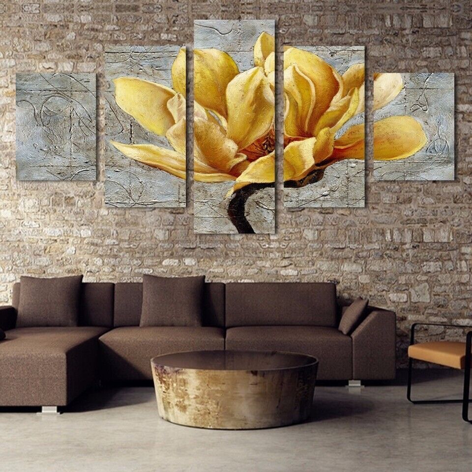 Yellow Lotus Flower Painting 5 Panel Canvas Print Wall Art Poster Home Decor