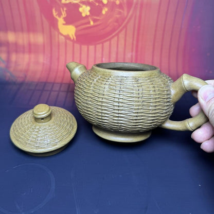 Vintage Chinese Yixing Purple Clay Teapot Zisha Ceremony Carving Bamboo Teaware