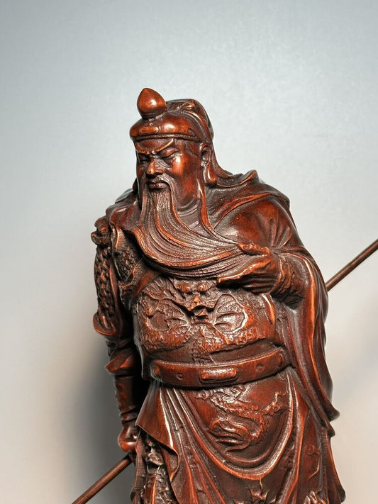 Chinese Vintage Boxwood Carving Guan Yu Figure Statue Decor Wooden Sculpture Art