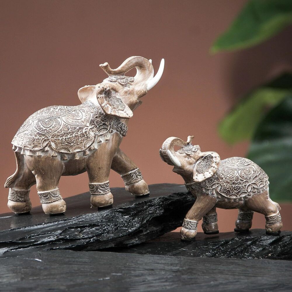 Elephant with Trunks up Statues Bookshelf Tabletop Home Decoration Gift Set of 2
