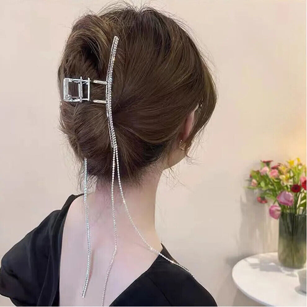 Women Tassel Hair Claws Clips Metal Shiny Rhinestones Long Chain Headwear 11x4cm