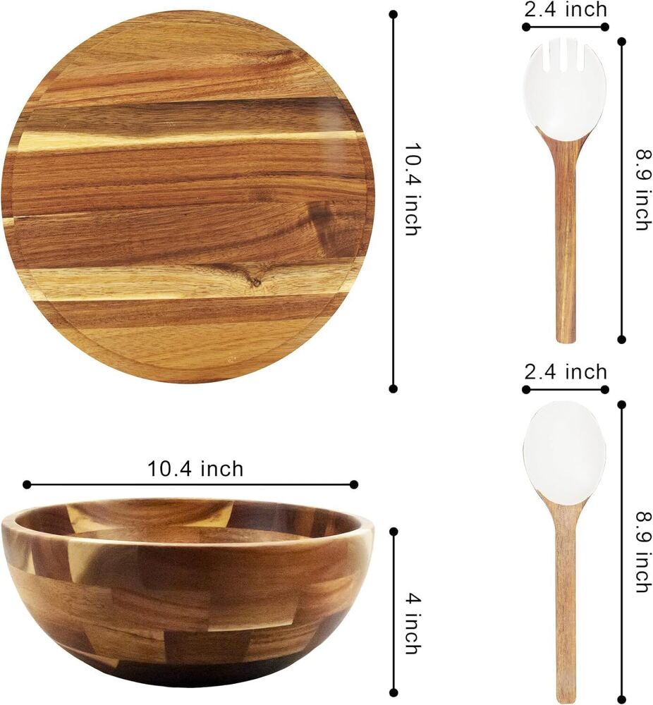 Wooden Salad Bowl with Lid and Utensils Large Serving Bowl Set for Vegetables