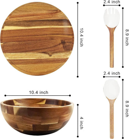 Wooden Salad Bowl with Lid and Utensils Large Serving Bowl Set for Vegetables