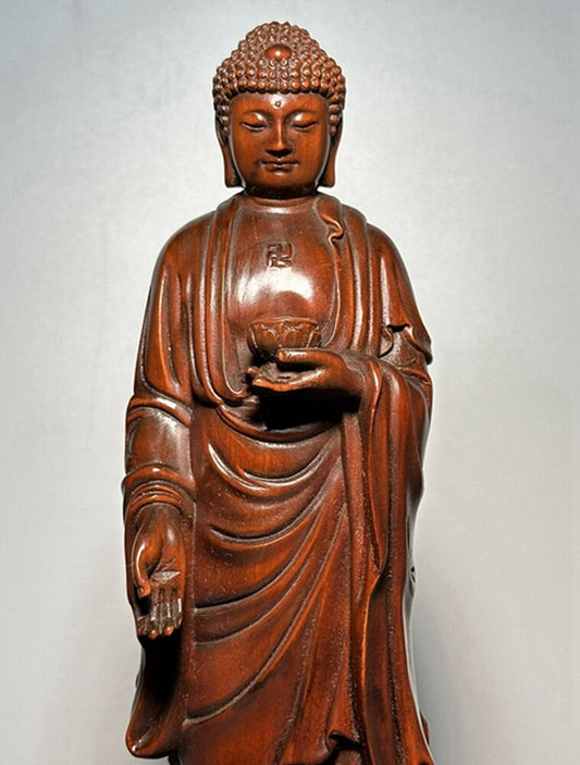 Vintage Chinese Boxwood Carving Shakyamuni Buddha Statue Wooden Sculptures Decor