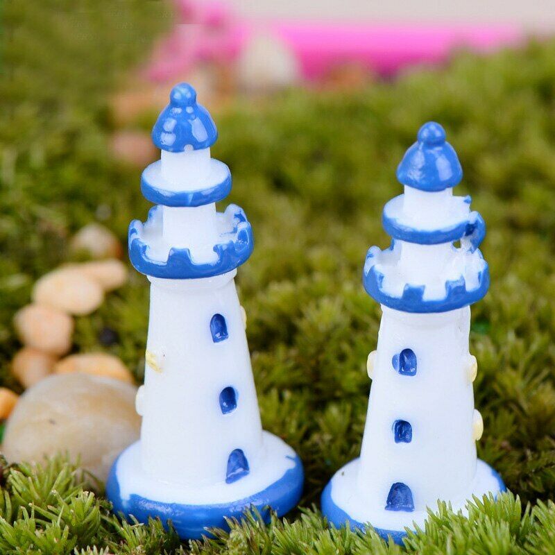 2pcs Fairy Garden Mini Moss Mini Resin Blue-bordered White Light house