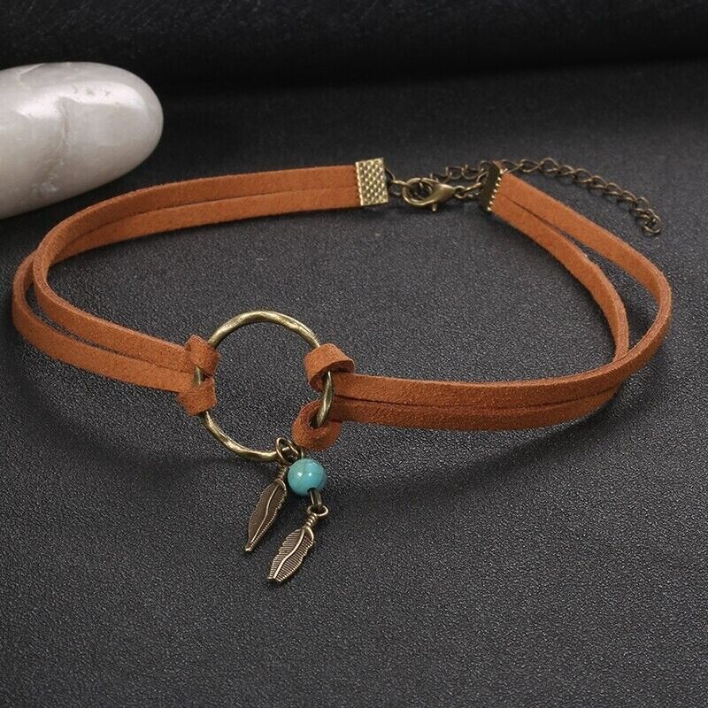 Women Necklace Alloy Brown Leather Chain Boho Choker Feather Bead Pendant 39.5cm