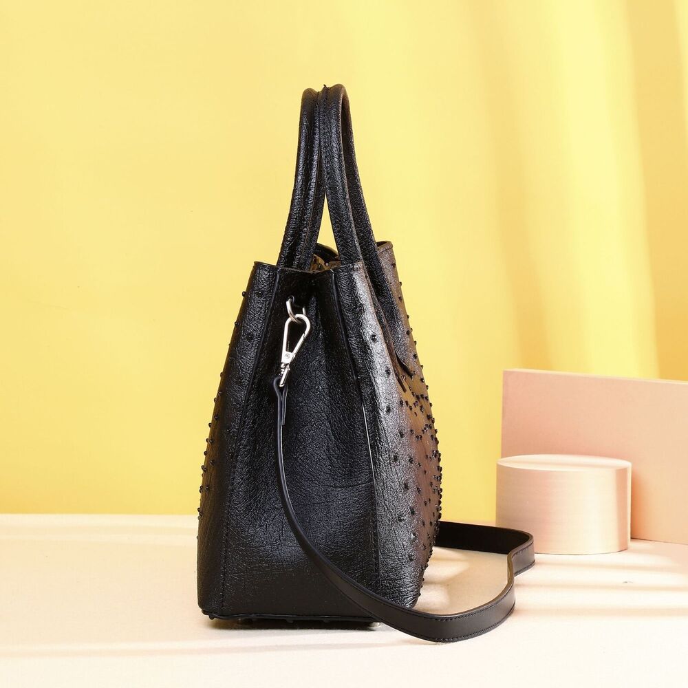 Top Cohide Leather Women's Black Handbag, Ostrich Skin Pattern Tote Shoulder Bag