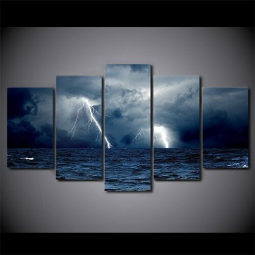 Thunder Storm in Ocean Night 5 Pcs Canvas Wall Art Painting Picture Home Decor