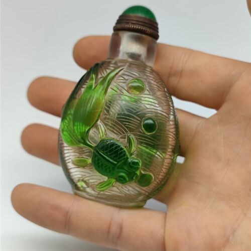 Collection Antique Chinese Green Glazed Nice Snuff Bottle Carved Goldfish Statue