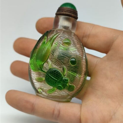 Collection Antique Chinese Green Glazed Nice Snuff Bottle Carved Goldfish Statue