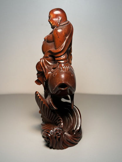 Chinese Boxwood Carving Sit Fish Laughing Buddha Statue Decor Wooden Sculpture