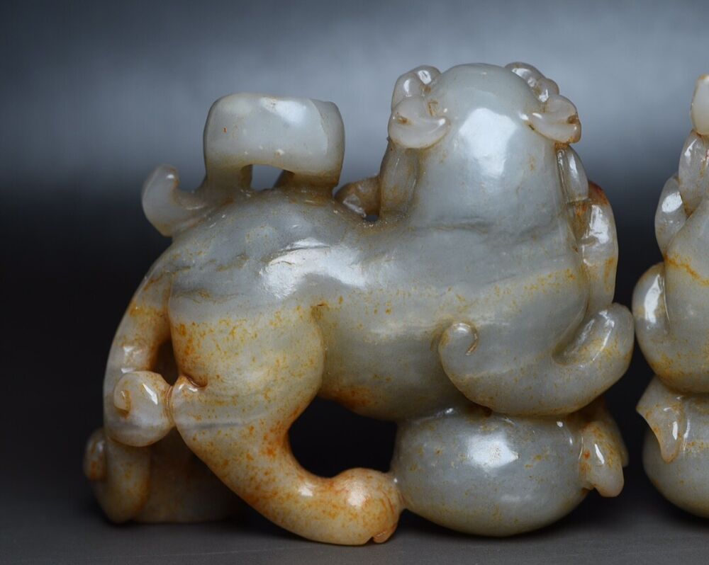 Chinese Antique Hetian Jade Carving Exquisite A Pair Lion Statue Sculpture Rare