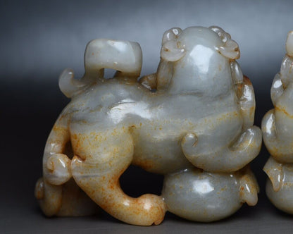 Chinese Antique Hetian Jade Carving Exquisite A Pair Lion Statue Sculpture Rare