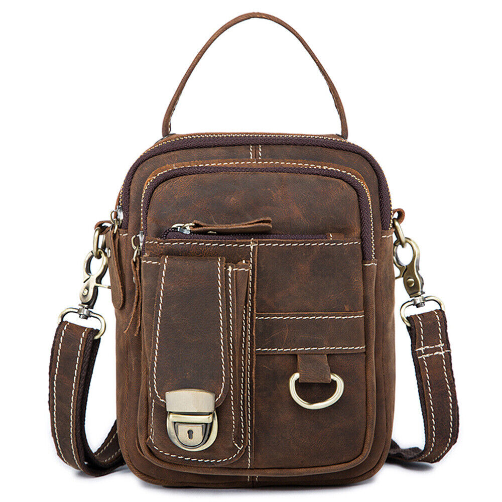 Crazy Horse Leather Men's Sling Shoulder Bag Double Zipper Multifunction Handbag