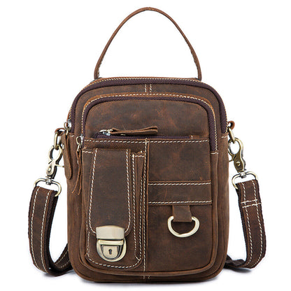 Crazy Horse Leather Men's Sling Shoulder Bag Double Zipper Multifunction Handbag