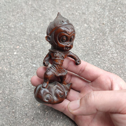 Vintage Art Chinese Wooden Statue Lovely Woodwork Cute Monkey King Carved Gift