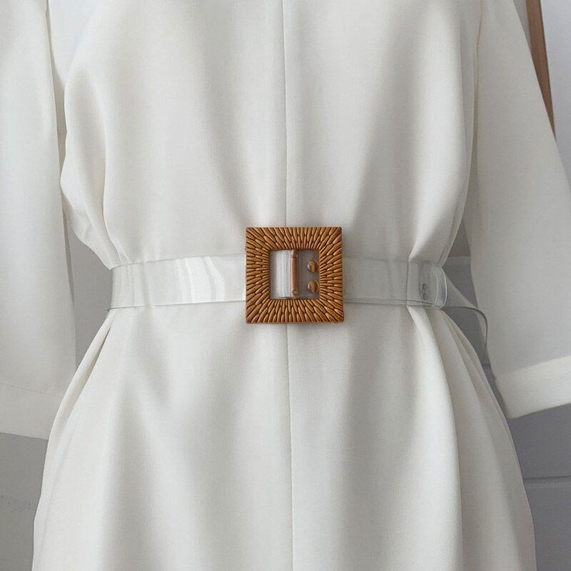 Women Belt Fashion Clear Round Square Pin Buckle Coat Waist Straps 100cm Plastic