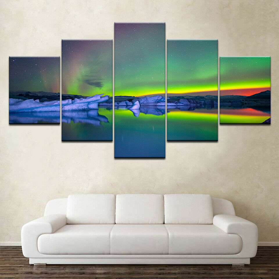 HD Prints Paintings 5 Pieces Green Aurora rainbow Lake Hill Night No Framed