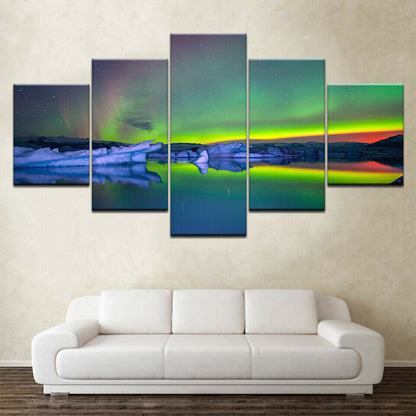 HD Prints Paintings 5 Pieces Green Aurora rainbow Lake Hill Night No Framed