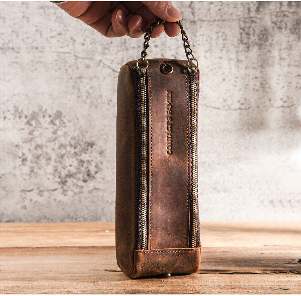 Handmade Cowhide Leather Pen Pouch Zipper Pencil Case Stationery Storage Pen Bag