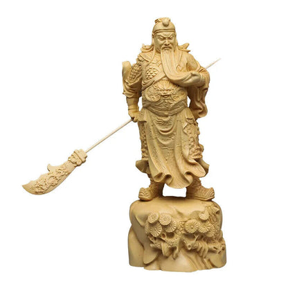 18cm Boxwood Carving Wu God Guan Yu Statue God Wealth Home Living Room Bedroom