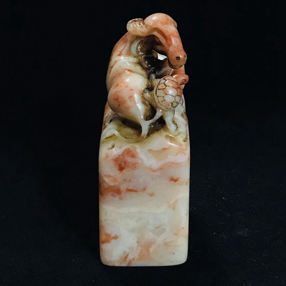 Chinese Natural Shoushan Stone Carved Statue Animal Seal Figurine Collection Art