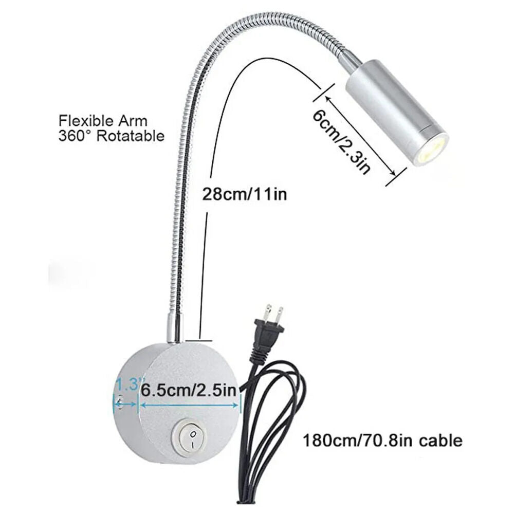 LED Reading Lights AC100-240V Silver Aluminum Gooseneck Bed Headboard Desk Lamps
