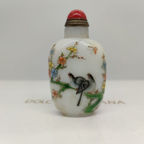 vintage chinese peking glass snuff bottle painted flower bird snuffbox signed