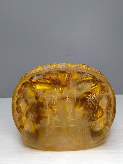 10"Gold Buddha meditation colored glaze Statue Carving glass buddhist large rare