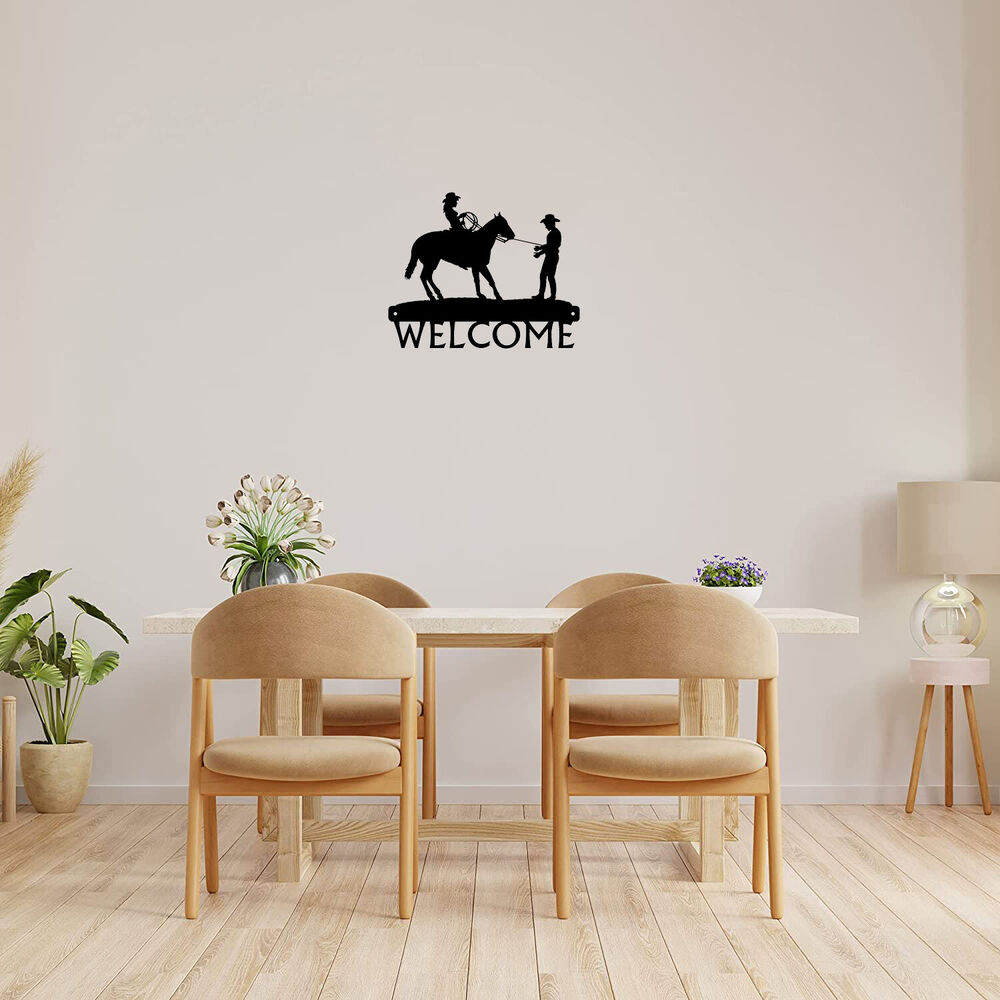 Fine Catch - Cowboy & Cowgirl Welcome Sign - 12 inch Wide Metal Wall Art